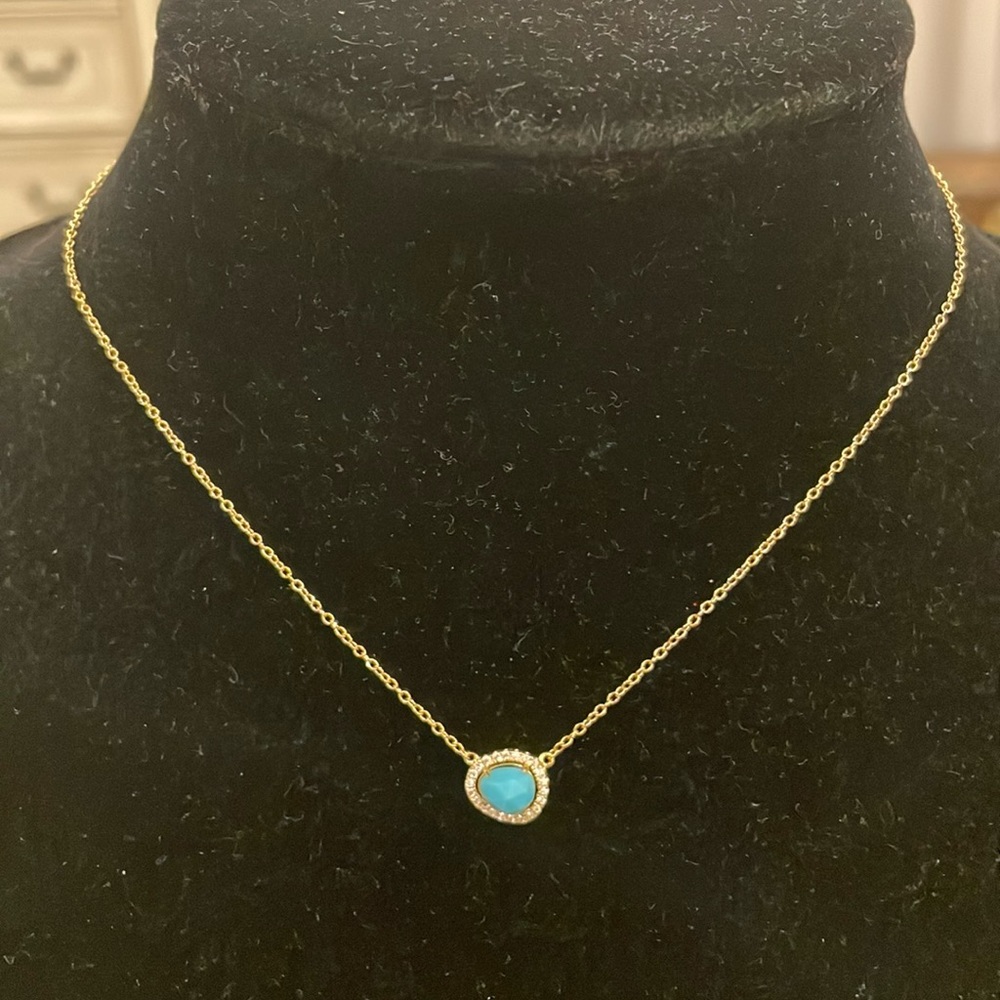 Vintage Gold Tone Athena Designs Dainty Blue Rhinestone Pendant Choker Necklace
